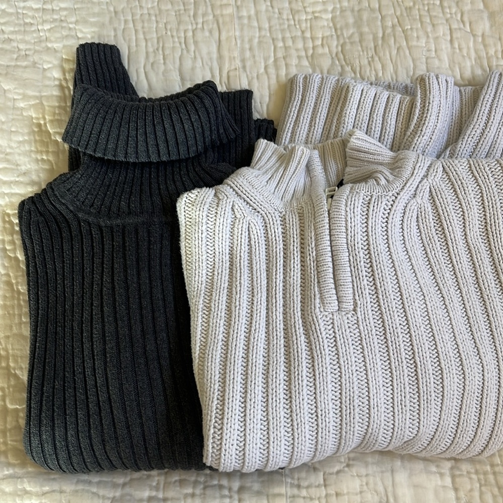 2 Gap sweaters unisex Turtleneck half zip pullover grey crème ribbed cotton knit